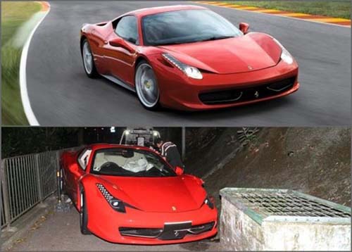 400万法拉利为避让小动物撞向路边石井导致车身严重受损