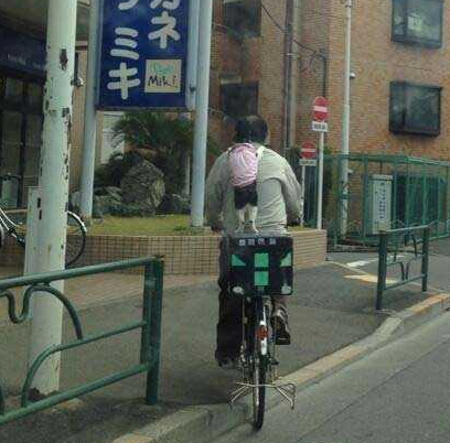 一只喵星人紧紧地趴在正在骑自行车的主人的背上