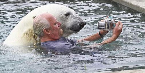 老人与北极熊玩耍自拍 众人惊出冷汗