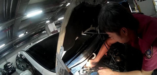 车子传出凄厉猫叫 消防员喷高压空气引出小猫