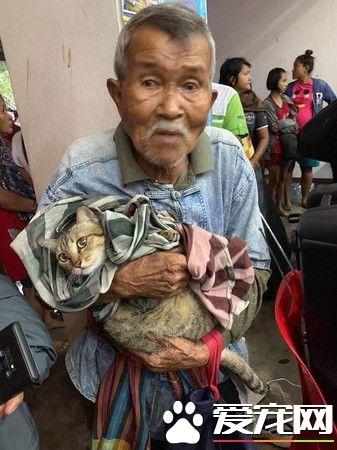 台风来袭泰国南部 老爷爷紧紧抱着爱猫逃难