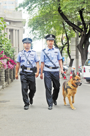 威武的德国牧羊犬“敬业的”跟着巡警出街巡逻 